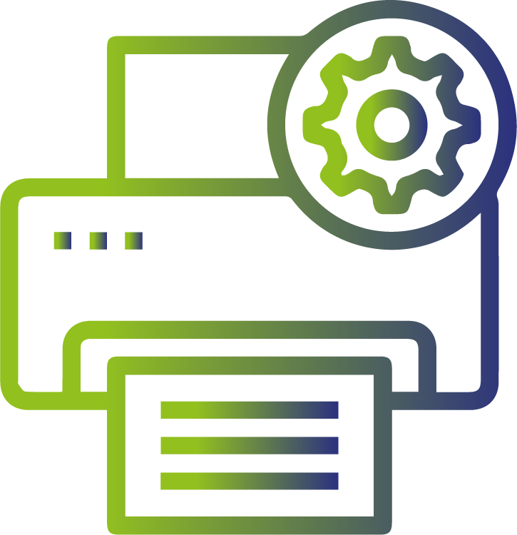 Logo d'une imprimante et d'un écrou représentant le caractère sur-mesure des solutions d'impression